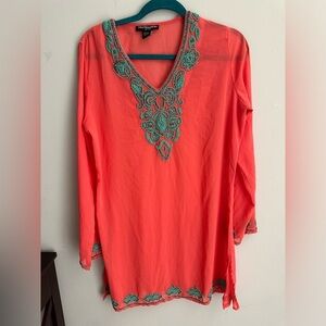 Salmon Pink sheer top with teal beaded design or beach coverup in size medium.